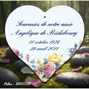 Coeur mémoratif émaillé avec décor fleur + 4 lignes personnalisables caractères kaslter