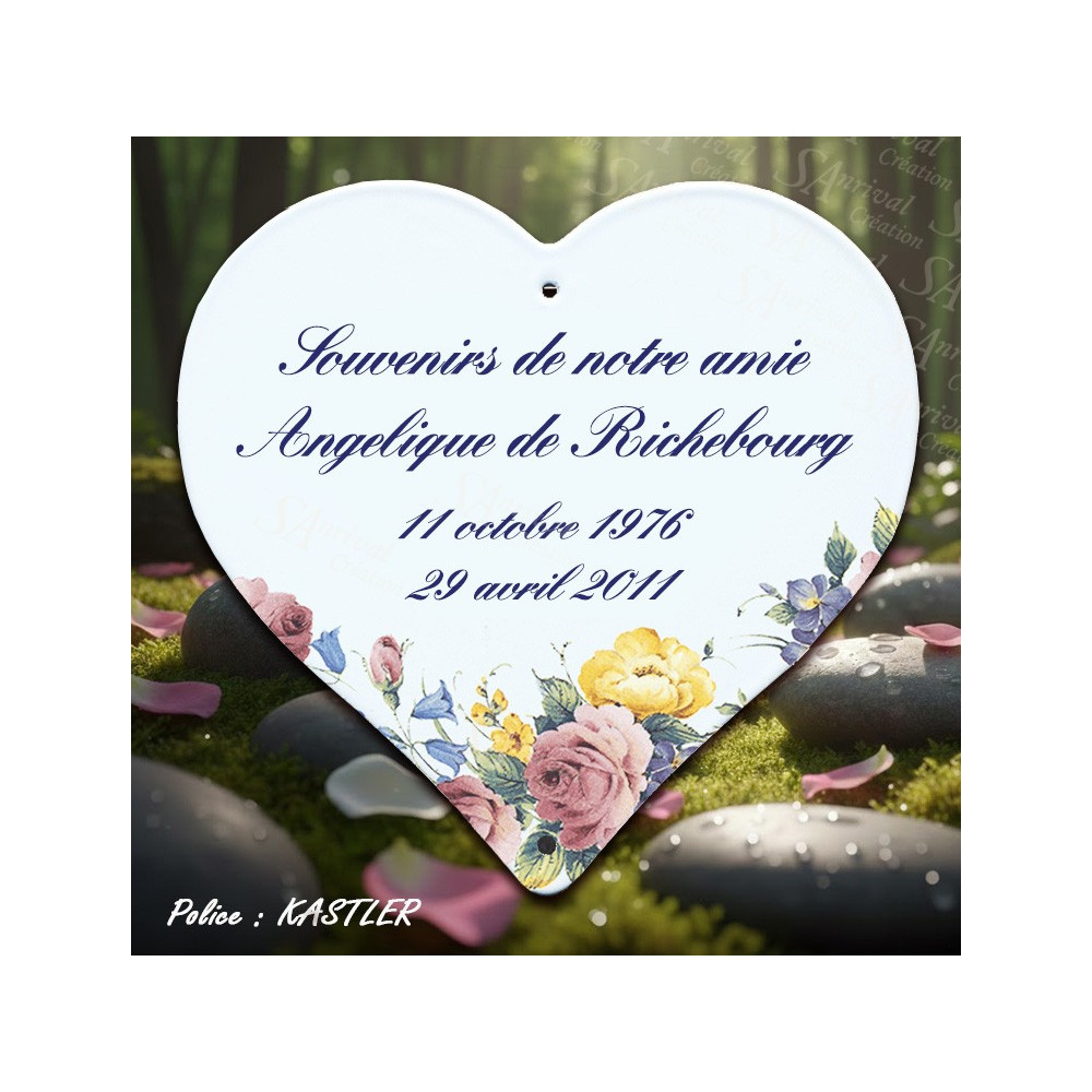 Coeur mémoratif émaillé avec décor fleur + 4 lignes personnalisables caractères kaslter