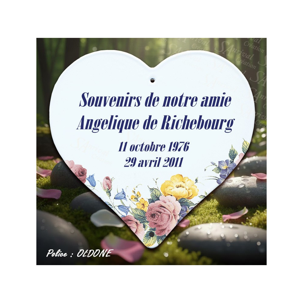 Coeur mémoratif émaillé avec décor fleur + 4 lignes personnalisables caractères oldone
