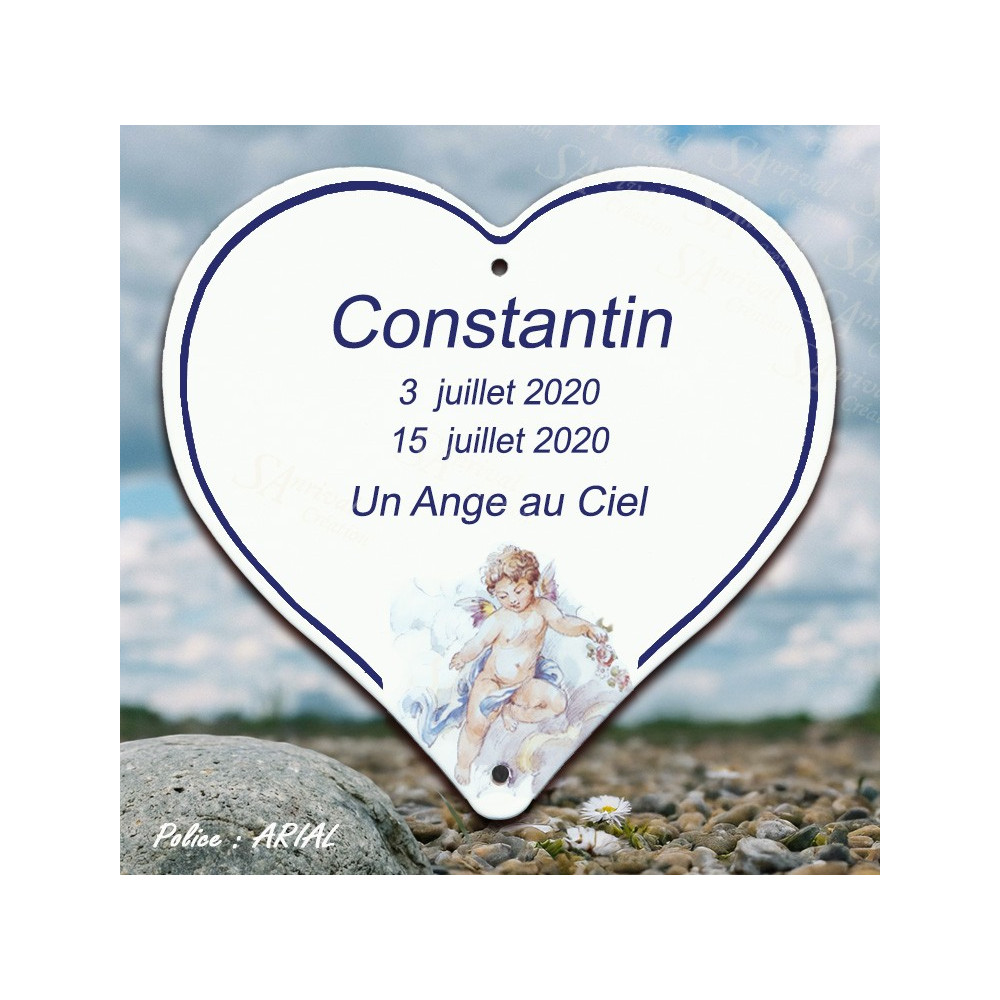 Cœur funéraire émaillé sur inox décor petit ange pastel personnalisable 4 lignes caractères arial