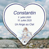 Cœur funéraire émaillé sur inox décor petit ange pastel personnalisable 4 lignes caractères arial