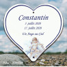 Cœur funéraire émaillé sur inox décor petit ange pastel personnalisable 4 lignes caractères corsiva