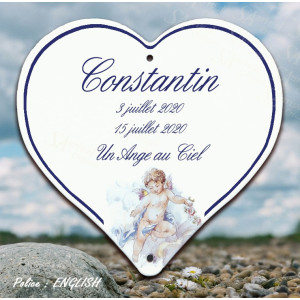 Enameled memorial heart on stainless steel pastel angel decor 4 lines english customization