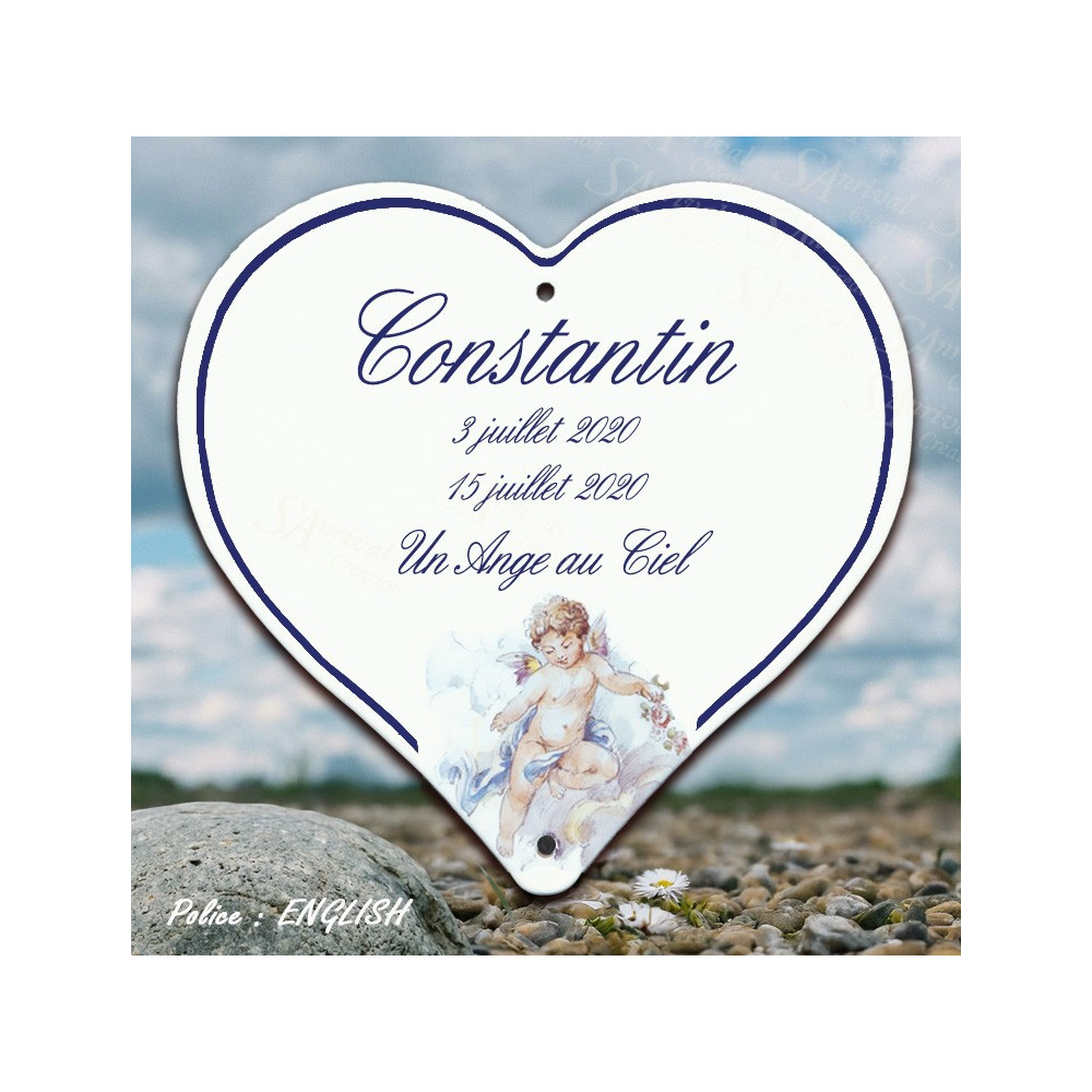 Cœur funéraire émaillé sur inox décor petit ange pastel personnalisable 4 lignes caractères english