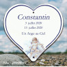 Cœur funéraire émaillé sur inox décor petit ange pastel personnalisable 4 lignes caractères garamond