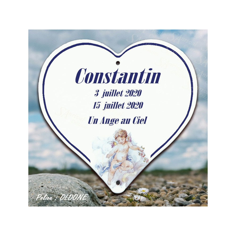 Enameled memorial heart on stainless steel pastel angel decor 4 lines oldone customization