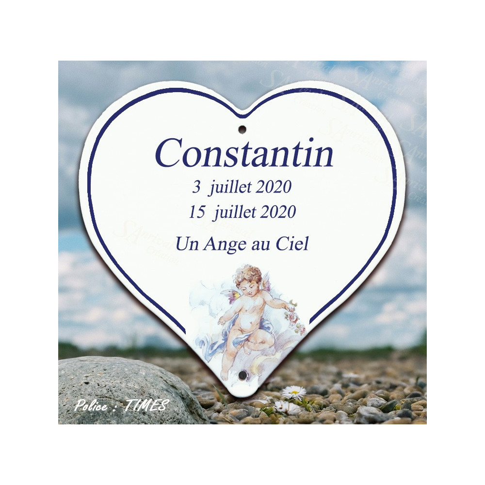 Cœur funéraire émaillé sur inox décor petit ange pastel personnalisable 4 lignes caractères times