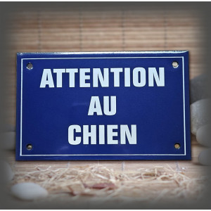 Plaque émaillée bleue texte "Attention au chien" blanc 16x10cm