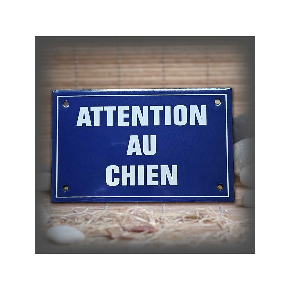Plaque émaillée bleue texte "Attention au chien" blanc 16x10cm