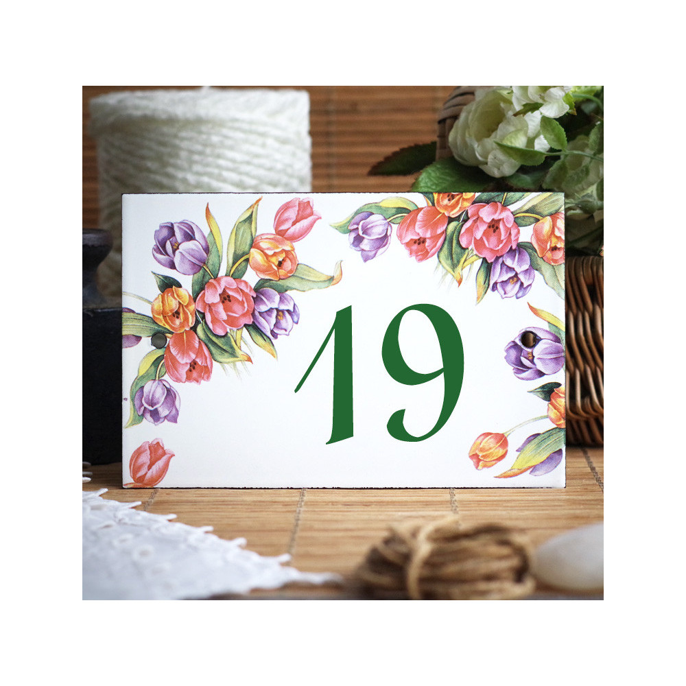 Numéro de rue émaillé : décor Tulipes, 15x10cm