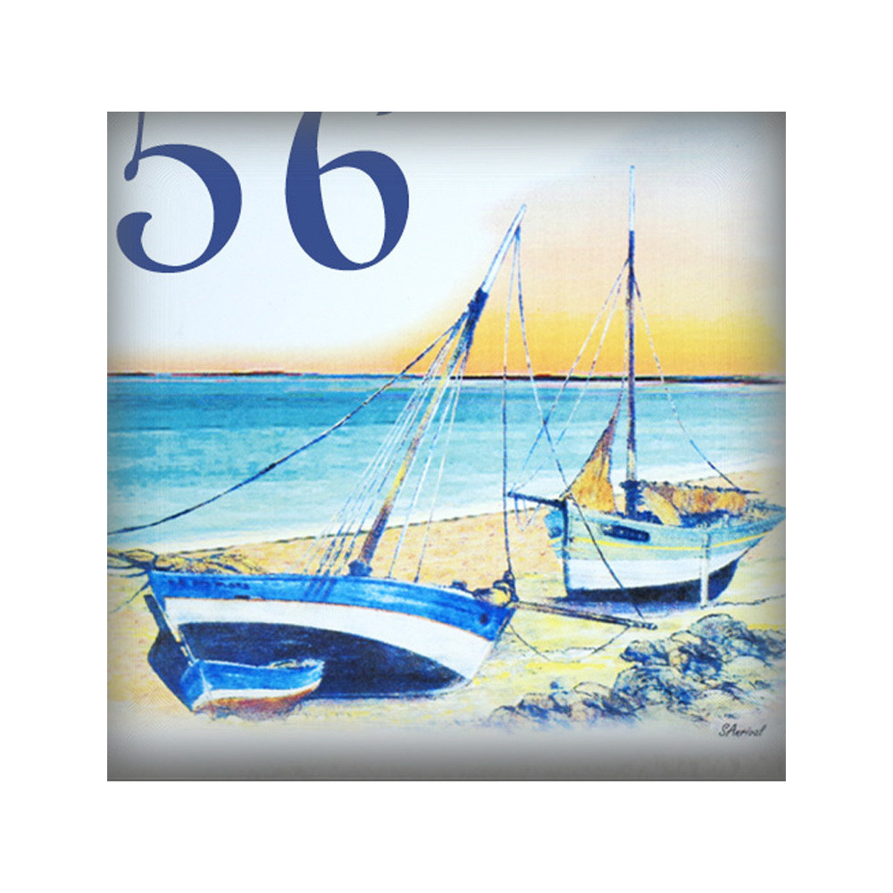 Numéro de rue émaillé : décor voiliers, 15x15cm