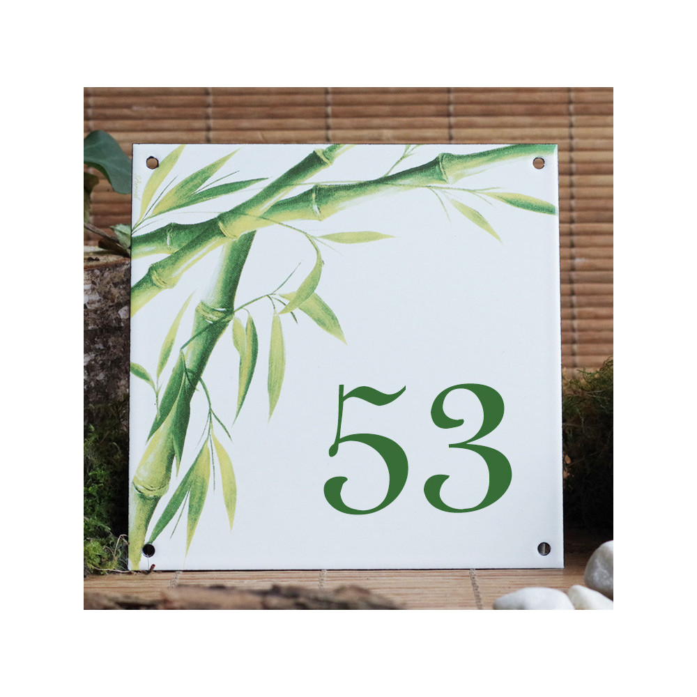 Numéro de rue émaillé décor Bambous 15x15cm