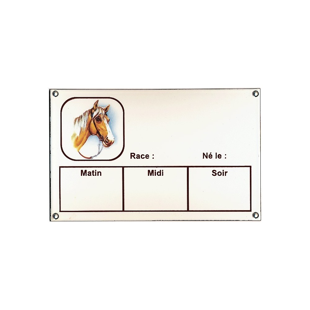 Plaque Box Chevaux émaillée blanc liseré et texte marron décor Joly Jumper 14x23cm