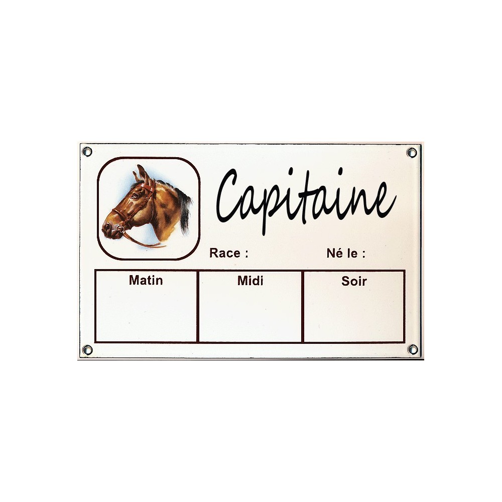 Plaque Box Chevaux émaillée blanc liseré et texte marron décor Capitaine 14x23cm