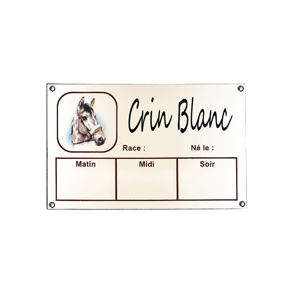 Plaque Box Chevaux émaillée blanc liseré et texte marron décor Crin Blanc 14x23cm