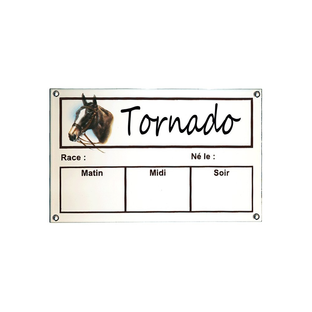 Plaque Box Chevaux émaillée blanc liseré et texte marron décor Tornado 14x23cm