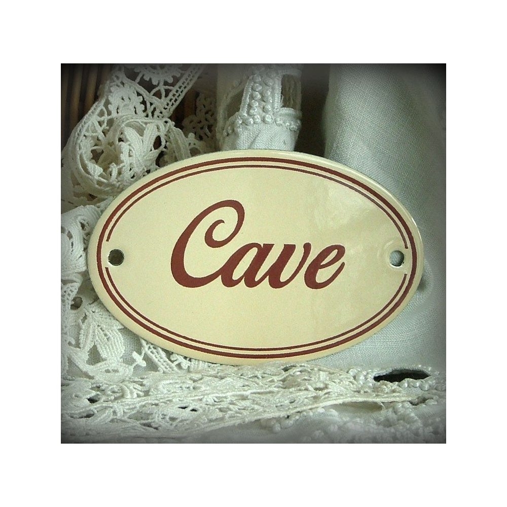 plaque ovale émaillée ivoire texte marron double filet : Cave