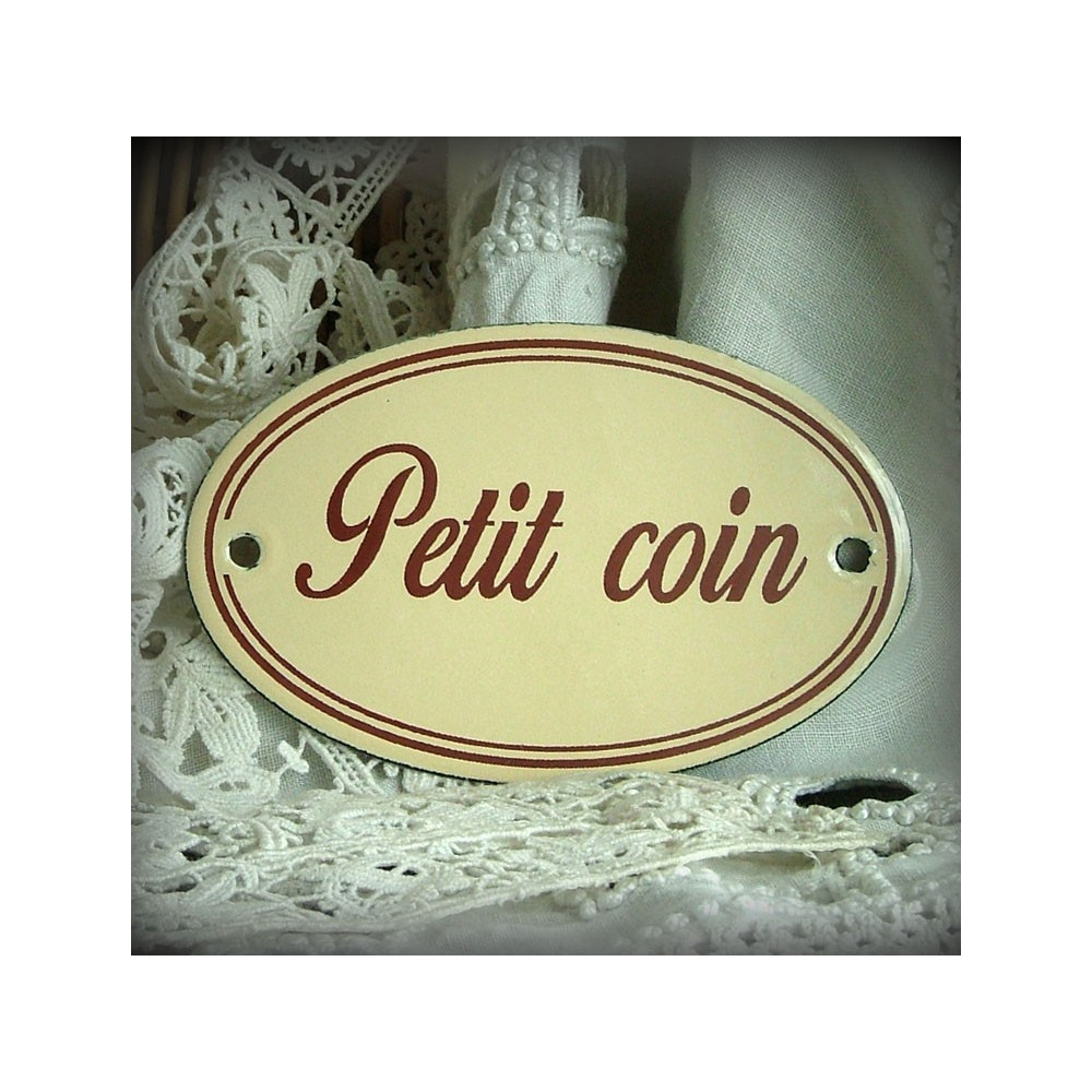 plaque ovale émaillée ivoire texte marron double filet : Petit coin