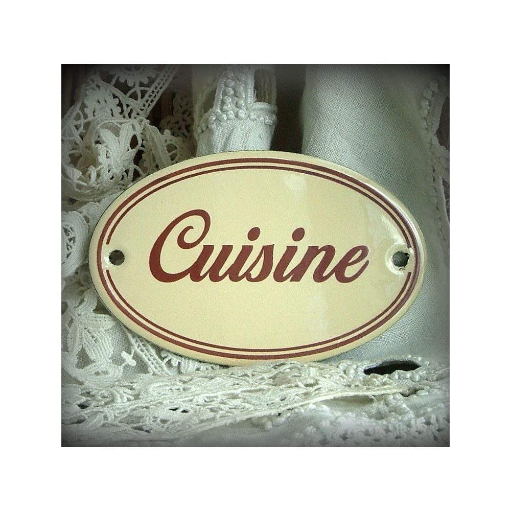 plaque ovale émaillée ivoire texte marron double filet : Cuisine