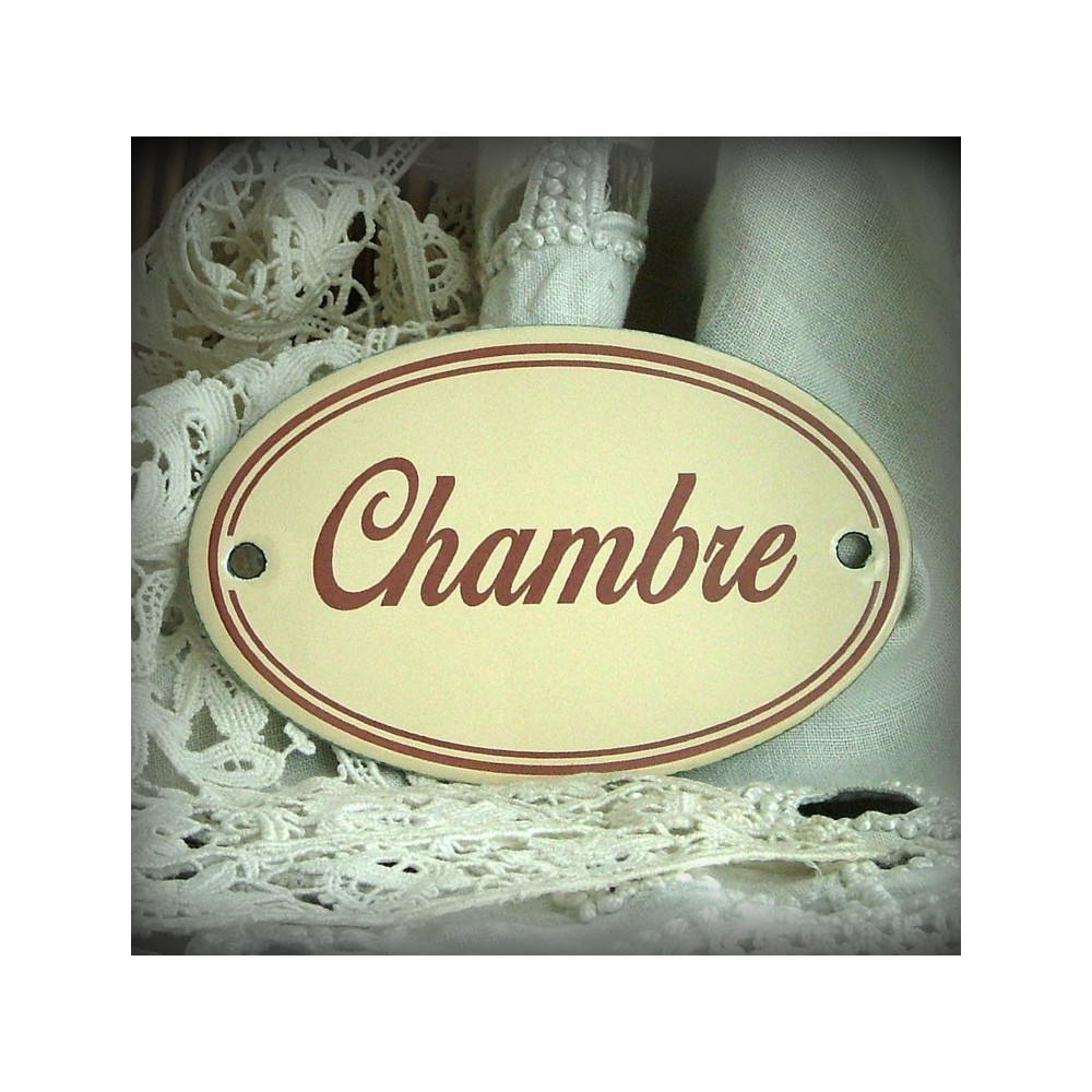 plaque ovale émaillée ivoire texte marron double filet : Chambre
