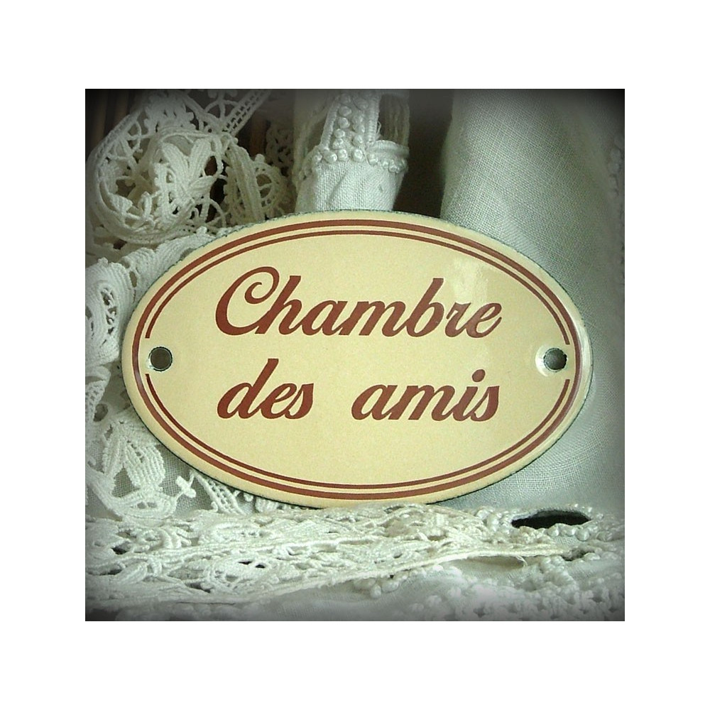 plaque ovale émaillée ivoire texte marron double filet : Chambre des amis