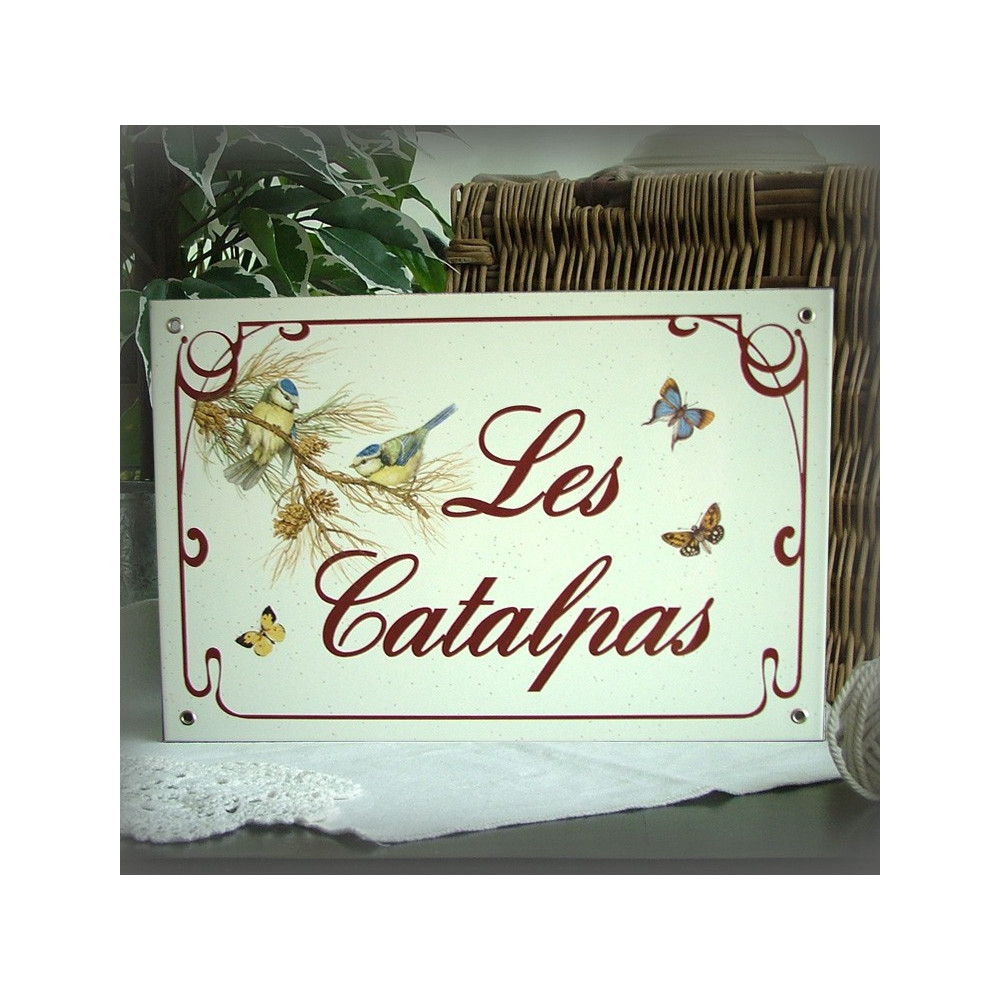 Plaque émaillée gres 30x20cm décor Mésange bleue texte english liseré anglais