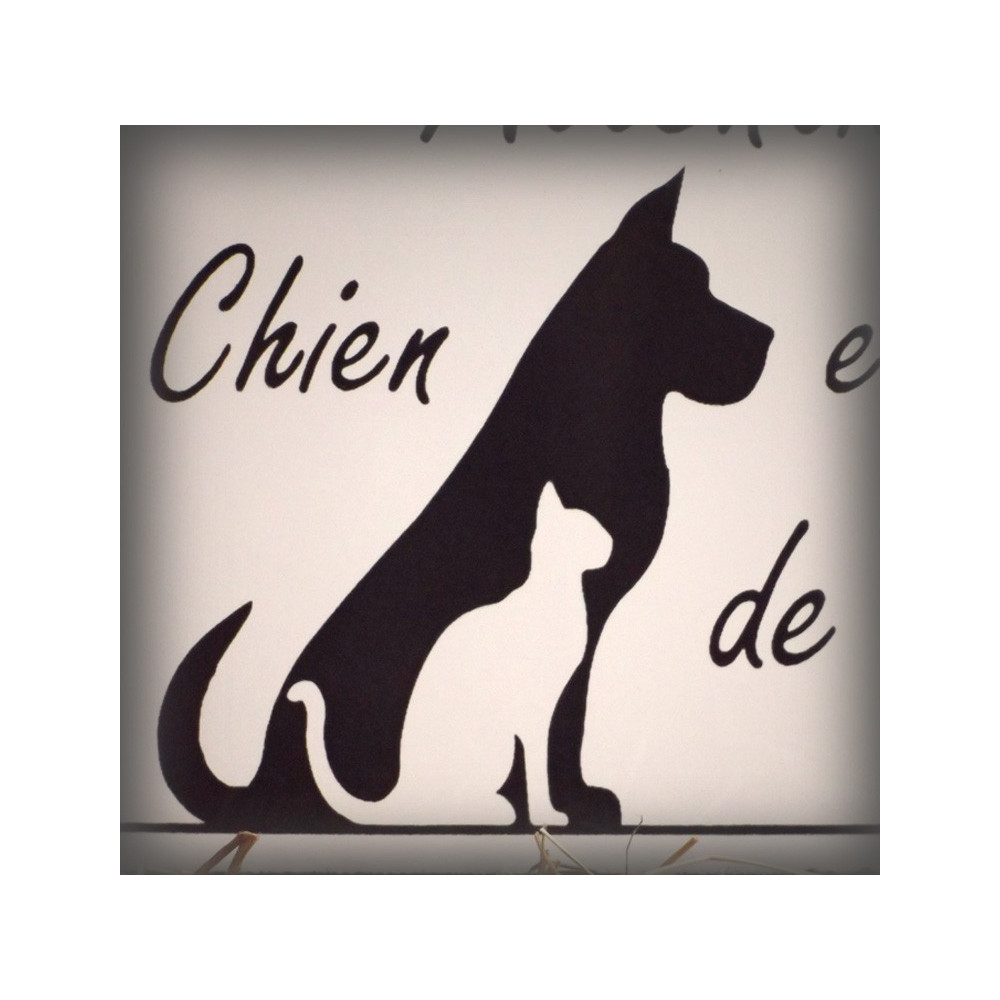 Plaque émaillée blanche "Attention Chien et Chat de Garde" zoom