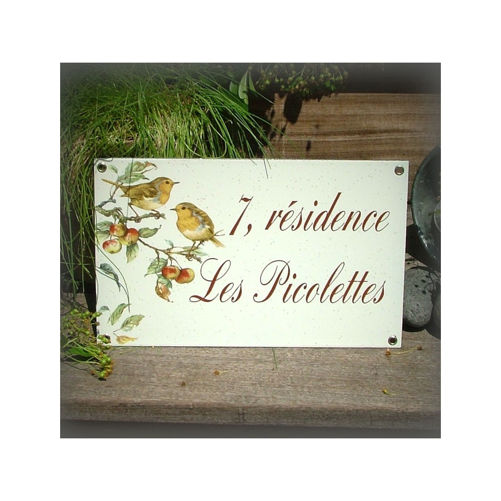 Grès personalized enamel plate robin decoration brown english caracters