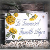 Plaque émaillée blanche décor Tournesol police english bleu