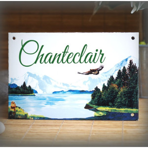 Plaque maison émaillée décor Montagne