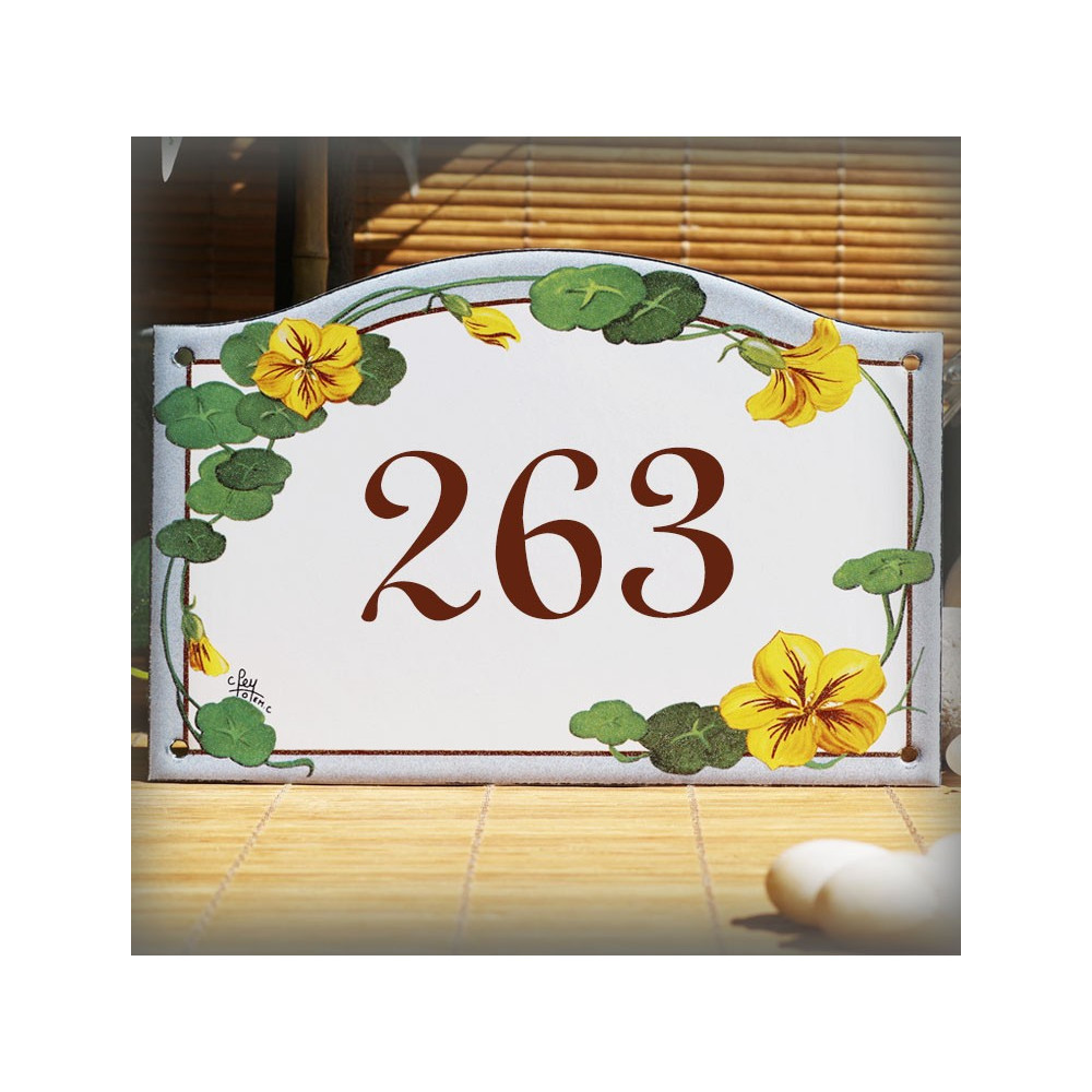 Street Number enamelled Nasturtiums decor 5,2x8in
