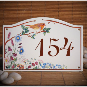 Numéro de rue émaillé décor Rouge gorge 13,5x20cm