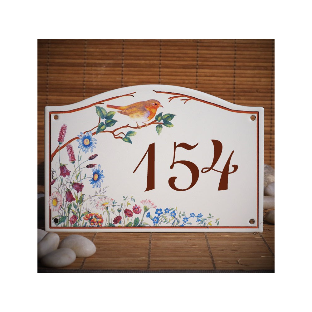 Numéro de rue émaillé décor Rouge gorge 13,5x20cm