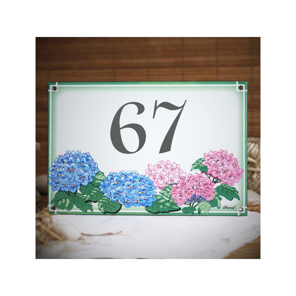 Numéro de maison émaillée décor HORTENSIAS