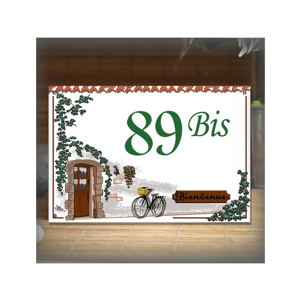 Numéro de maison émaillée décor Bienvenue 