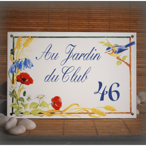 House name plate enamelled Poppies and tits decoration