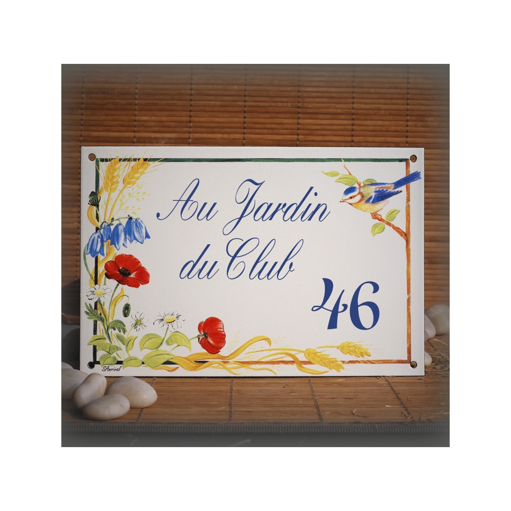 House name plate enamelled Poppies and tits decoration