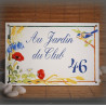 Plaque maison émaillée décor Coquelicots et mésanges