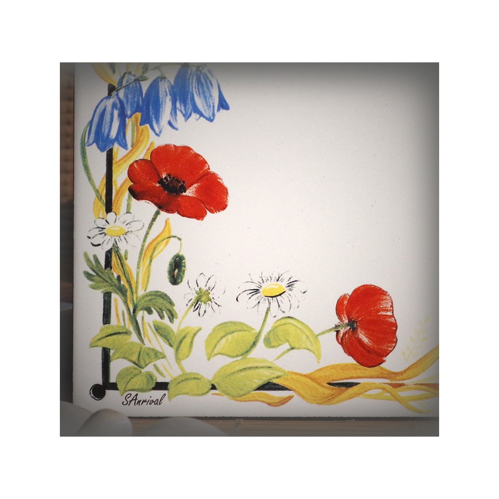 Numéro de maison émaillée décor Coquelicots et mésange