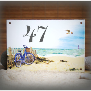 Numéro de maison émaillée décor Dunes et Vélo