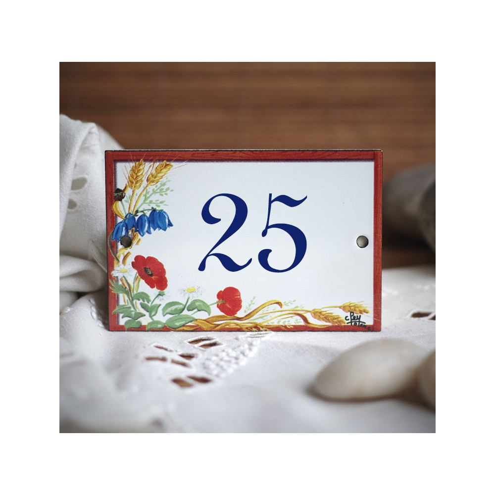 House Number sign enamelled Poppies decor 4,2x2,8in