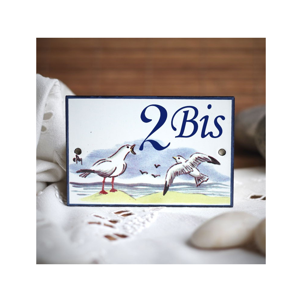 House Number sign enamelled Gulls decor 4,2x2,8in