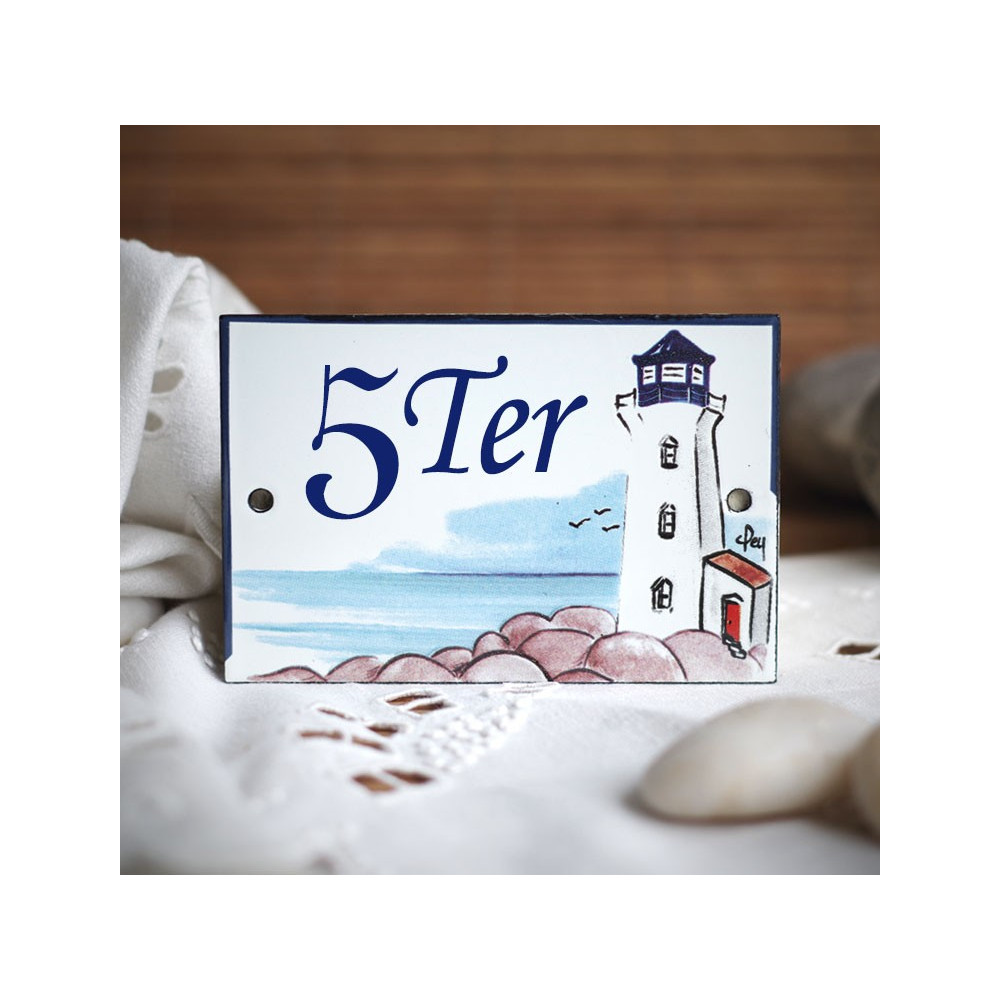 House Number sign enamelled Blue Lighthouse decor 4,2x2,8in