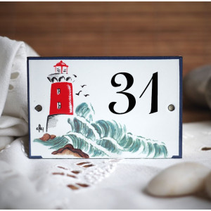 Numéro de rue émaillé décor Phare rouge 10,5x7cm