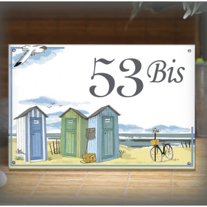 Numéro de maison émaillée décor Cabines de plage