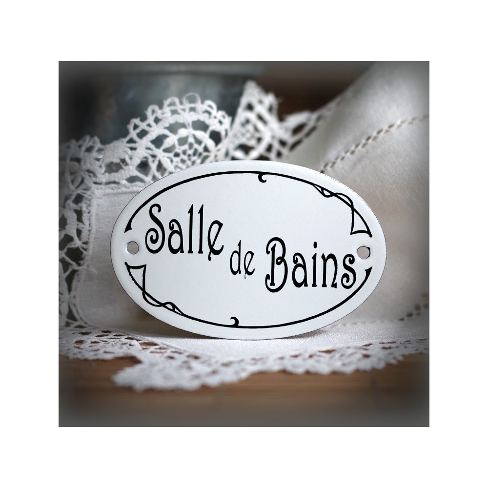 Plaque ovale de porte texte noir sur émail blanc : salle de bains