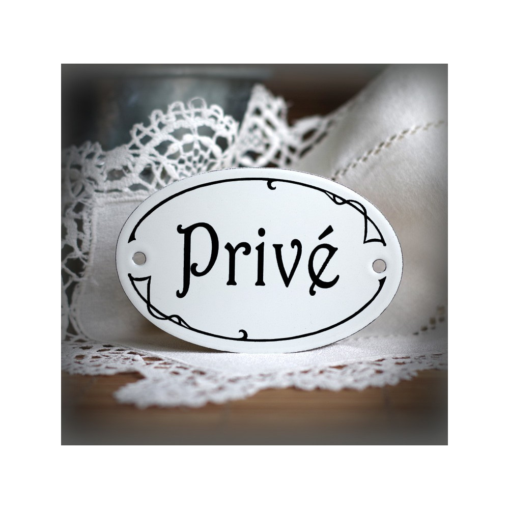 Plaque ovale de porte texte noir sur émail blanc : Privé