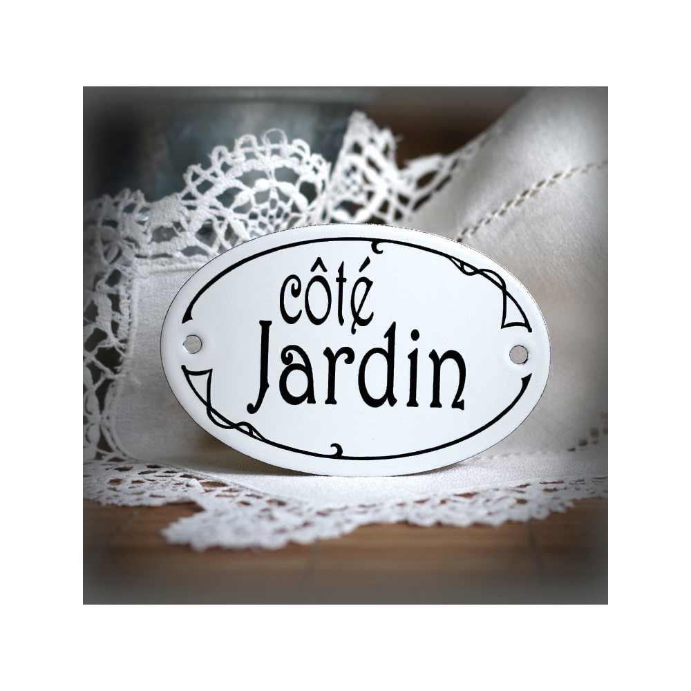 Plaque ovale de porte texte noir sur émail blanc : Côté Jardin