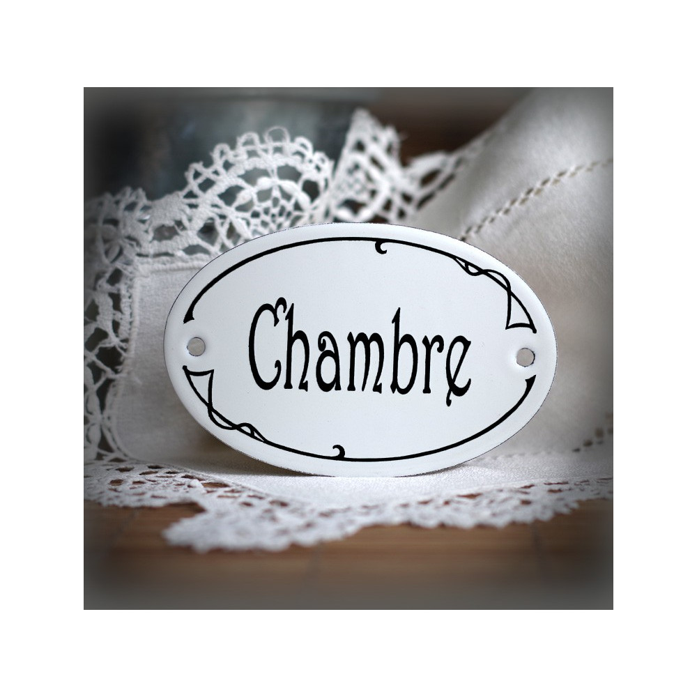 Plaque ovale de porte texte noir sur émail blanc : Chambre