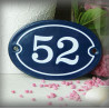 Blue enamel oval plate white number